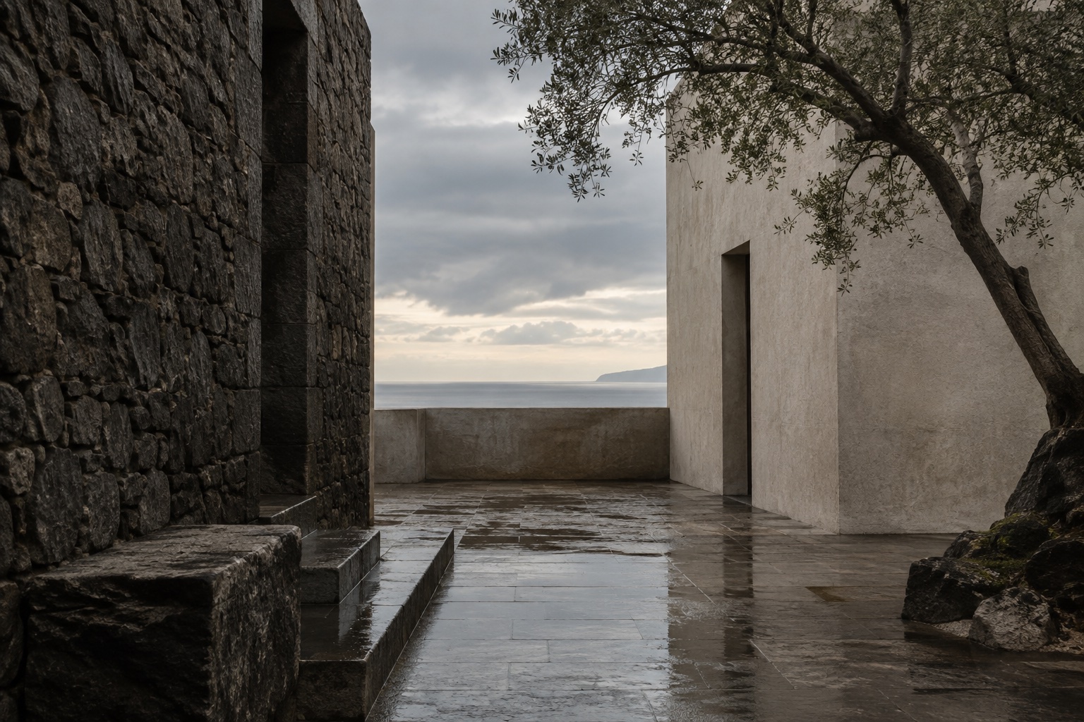 An enclosed courtyard with pale walls and a long band of sunlight.